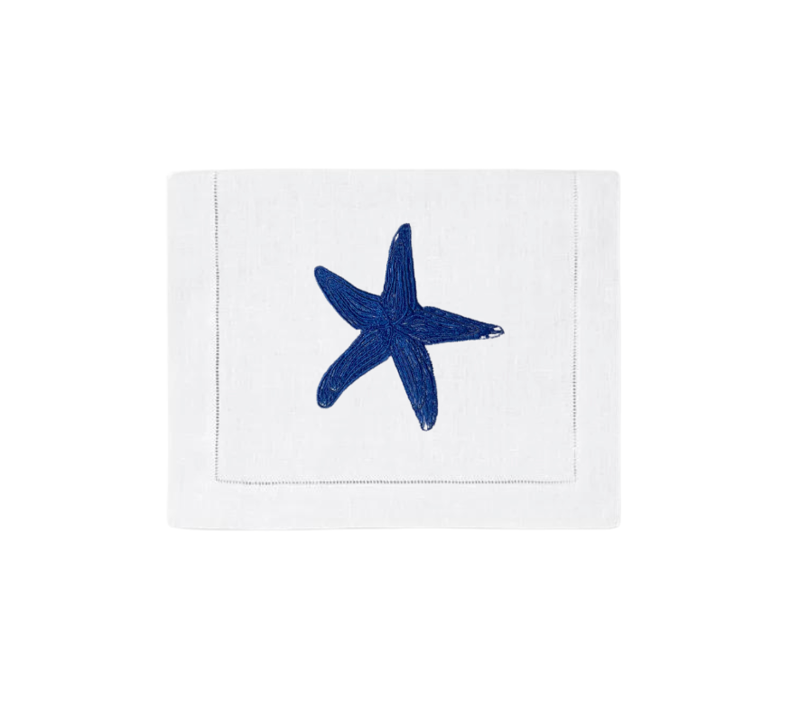 Blue Starfish on White Linen Cocktail Napkins, Set of 4