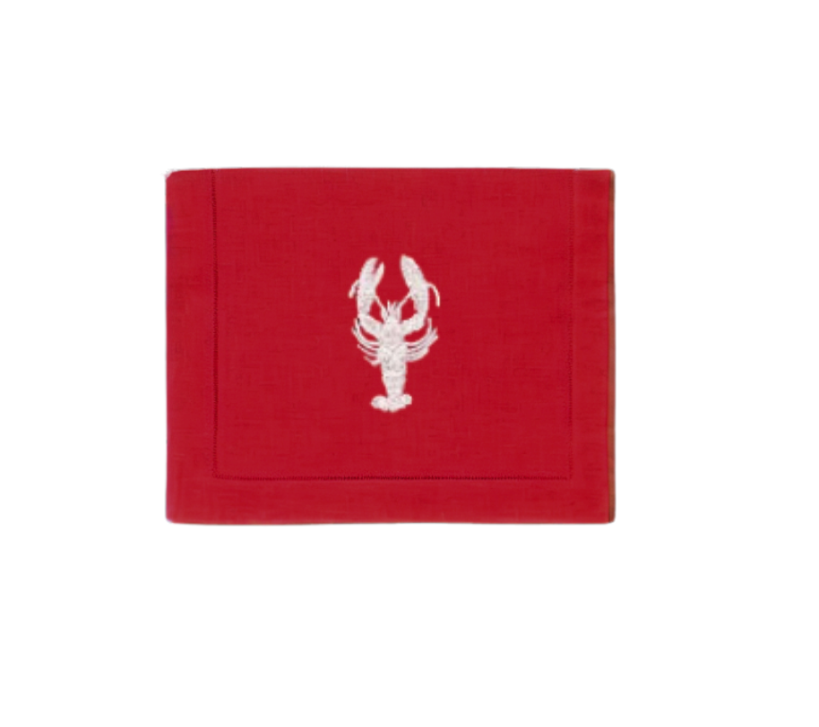 White Lobster on Red Linen Cocktail Napkins, Set of 4