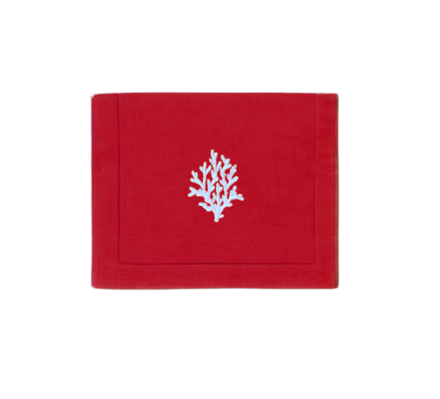 White Coral on Red Linen Cocktail Napkins, Set of 4