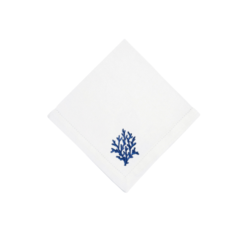 Navy Blue Coral Branch on White Linen Dinner Napkins, Set of 4