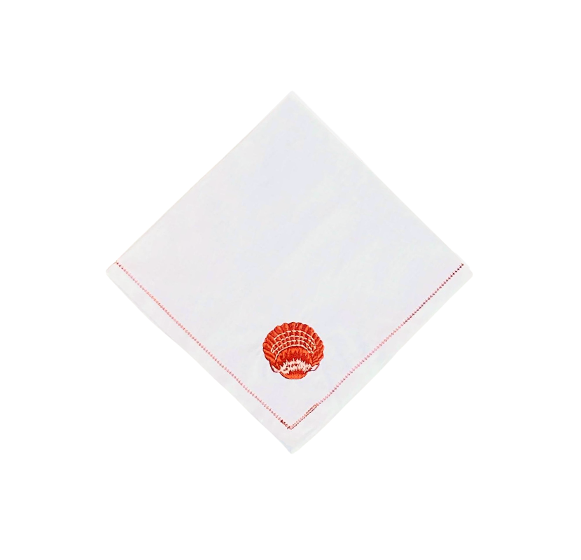 Hand Embroidered Coral Scallop Shell and Hemstitch Trim Dinner Napkins, Set of 4