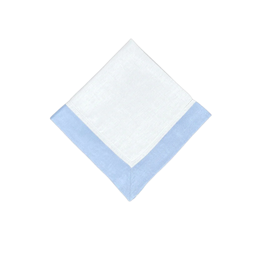 White Linen Napkin With Light Blue Linen Border, Set of 4