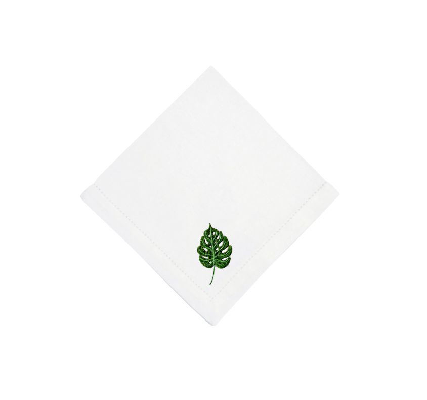 White Linen with Green Monstera Leaf Napkins, Set of 4