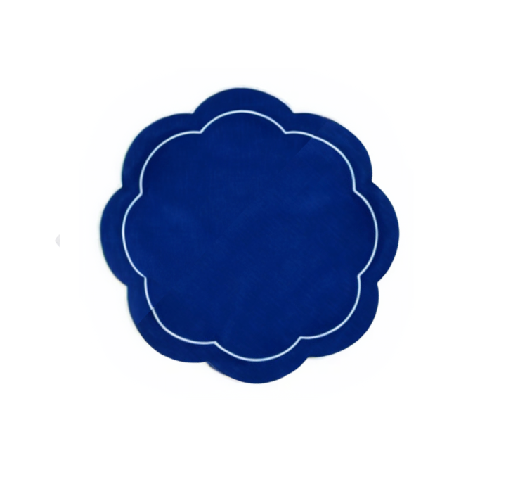 Navy Blue Linen with White Embroidery Round Placemats, Set of 4