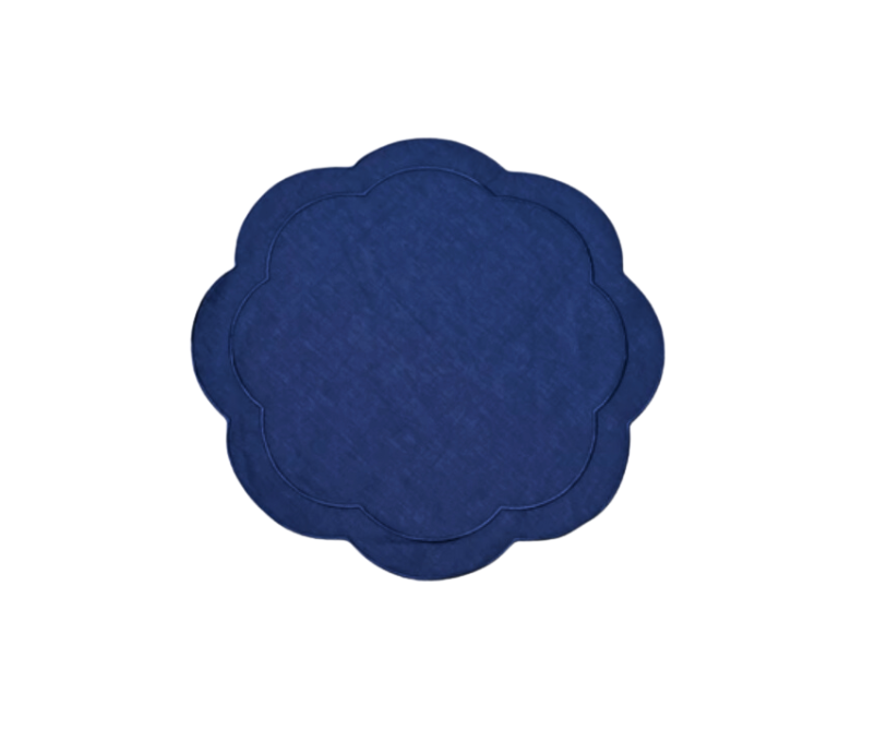 Navy Blue Linen with Blue Embroidery Round Placemats, Set of 4