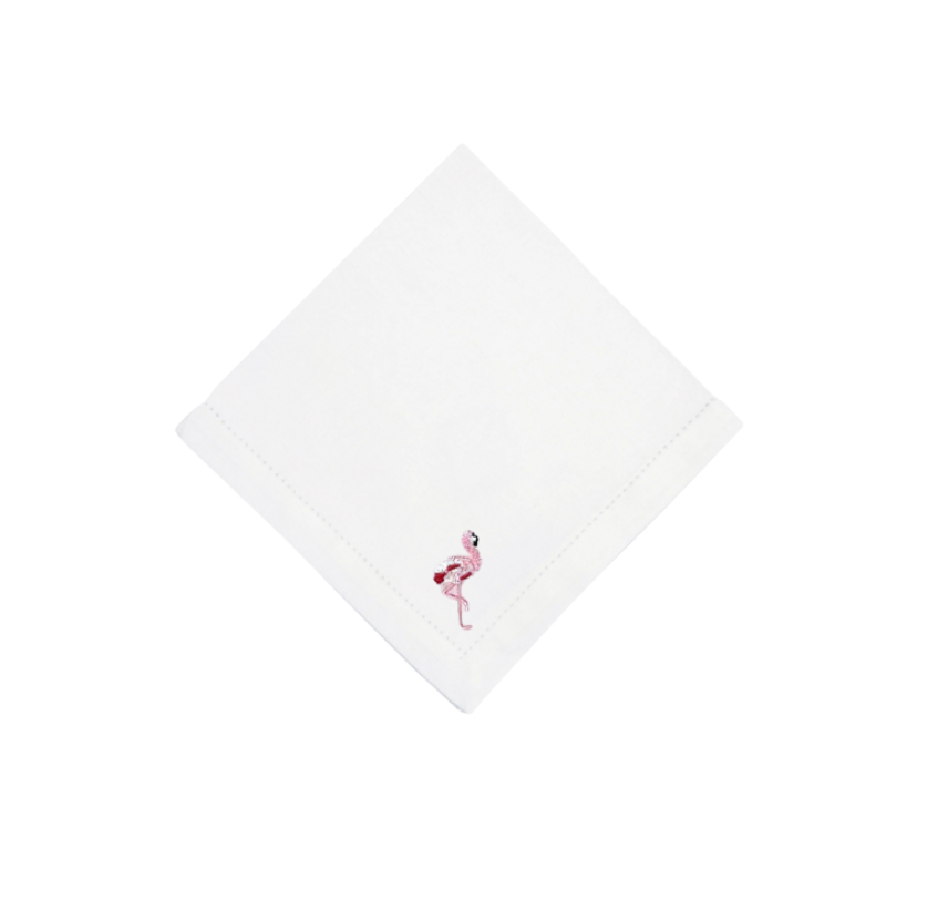 White Linen with Flamingos Napkins, Set of 4