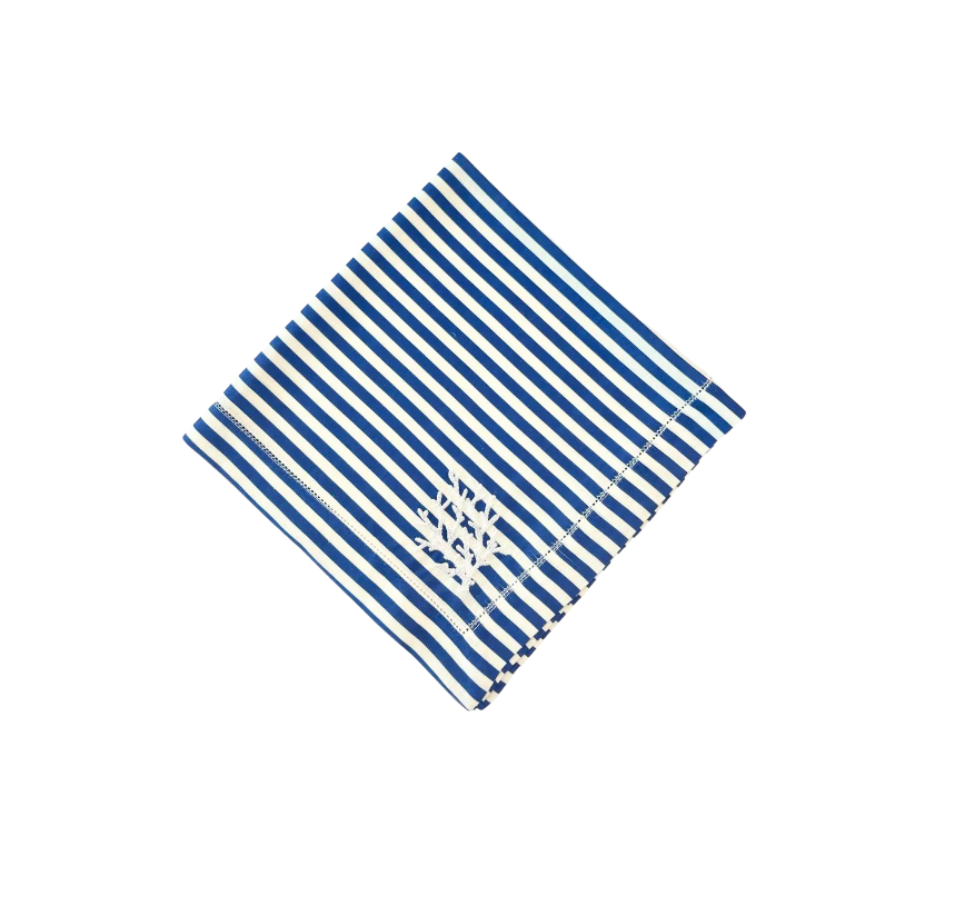 BLUE & WHITE STRIPED LINEN DINNER NAPKIN WITH WHITE CORAL EMBROIDERY DETAIL, SET OF 4