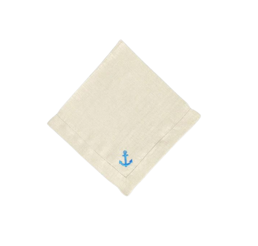 Beige Linen Napkins with Royal Blue Embroidered Anchor, Set of 4