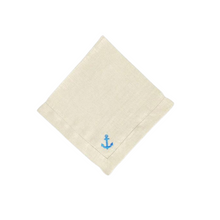 Beige Linen Napkins with Royal Blue Embroidered Anchor, Set of 4