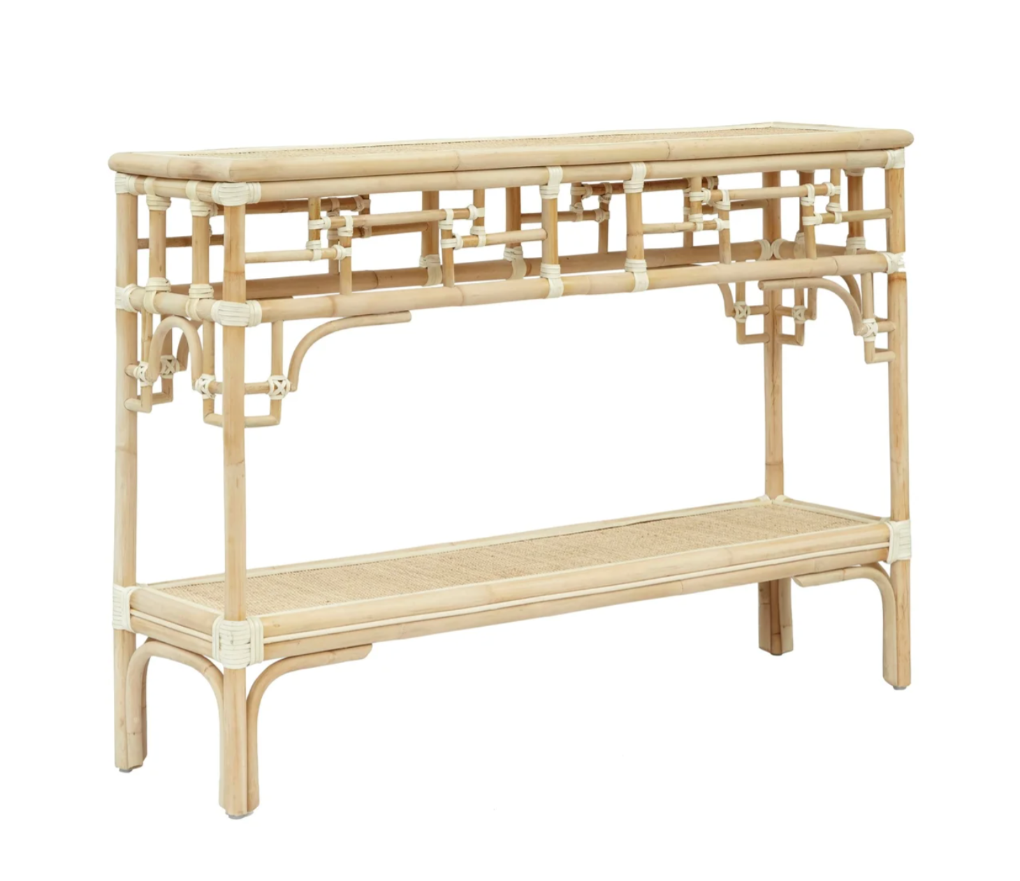 Pagoda Console, Small Natural  Rattan Frame with Leather Wraps