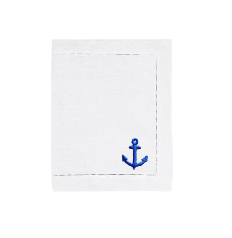 Set of 6, White Cocktail Napkin With Blue Anchor Design