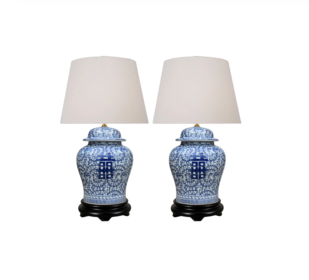 A Pair, Vintage Asian Blue and White Ginger Jar Lamps