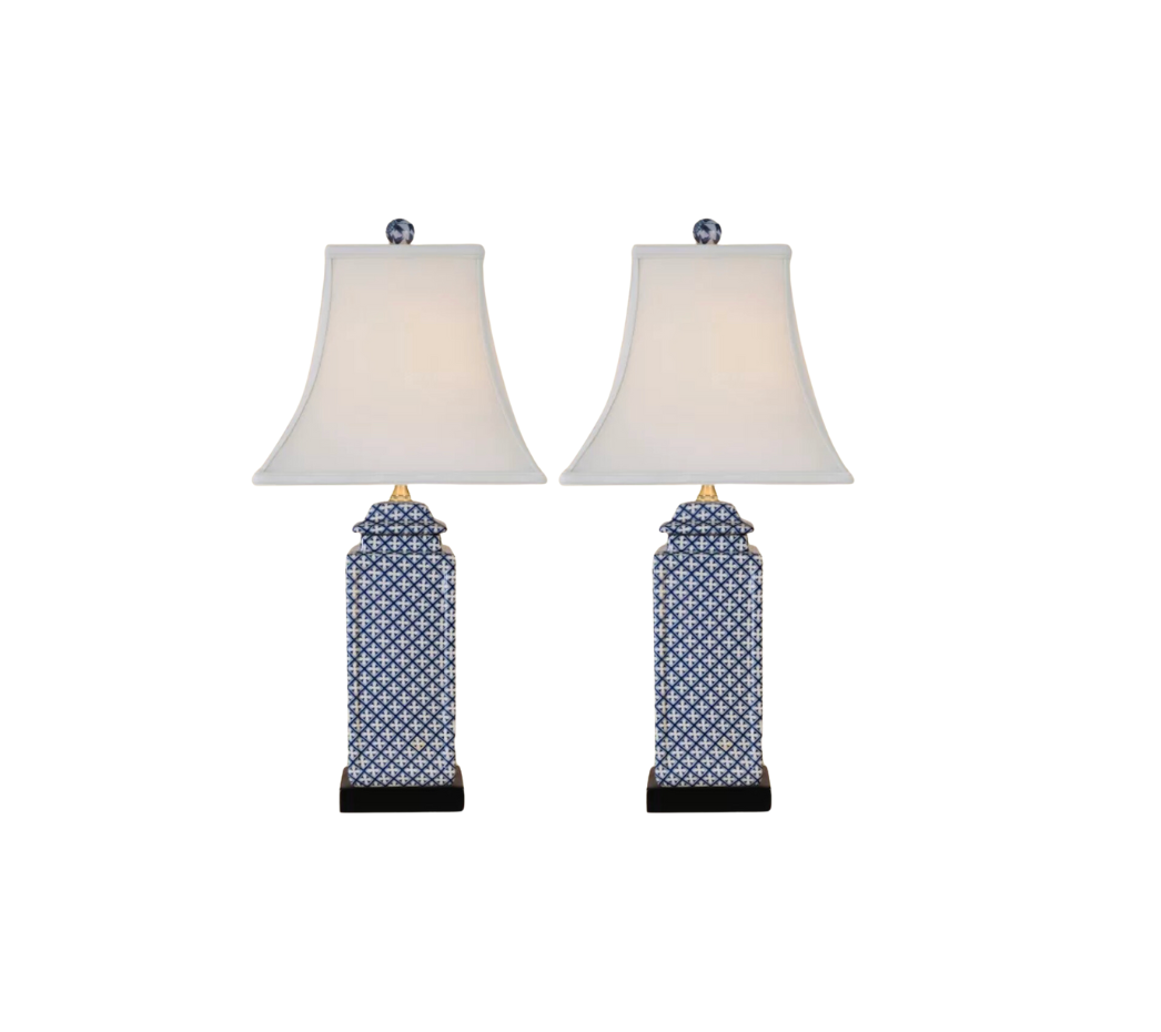 A Pair, Blue Lattice Square Porcelain Jar Lamps