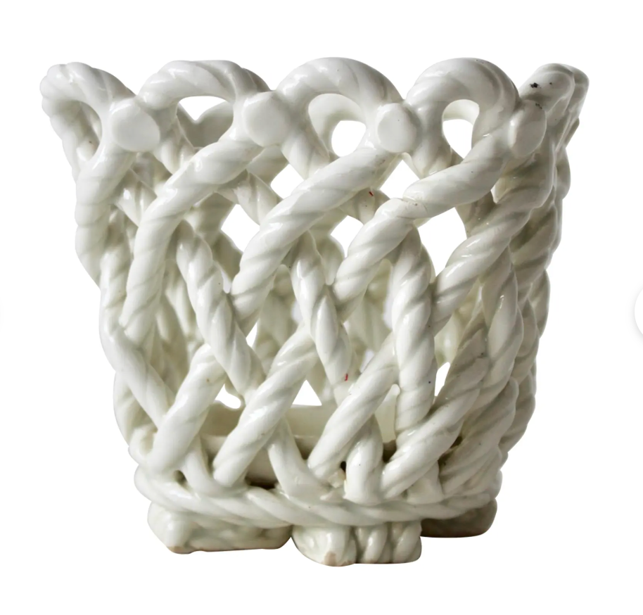 Vintage White Ceramic Woven Rope Cachepot Basket