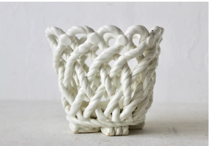 Vintage White Ceramic Woven Rope Cachepot Basket