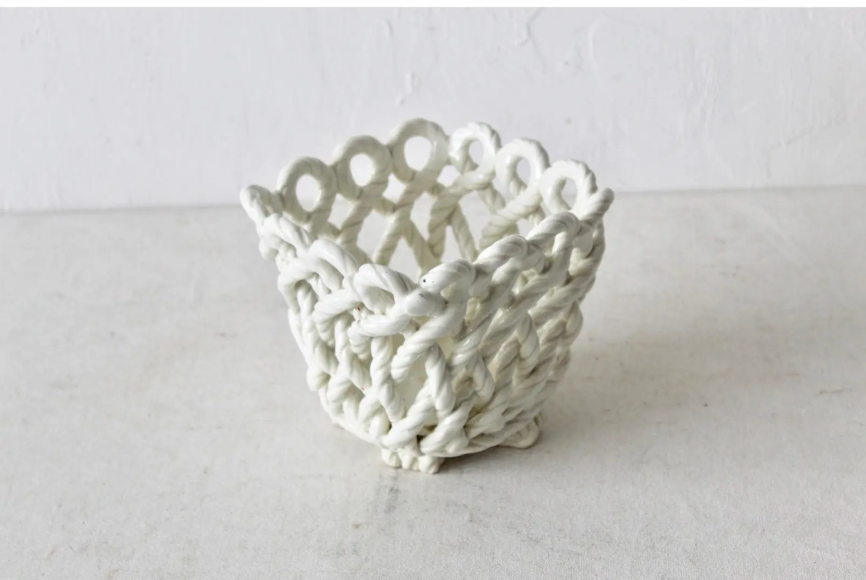 Vintage White Ceramic Woven Rope Cachepot Basket