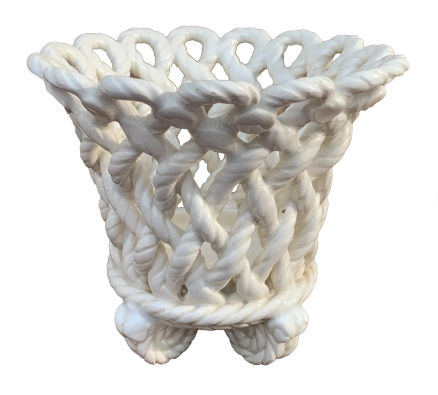 French Country White Ceramic Woven Rope Cachepot Basket