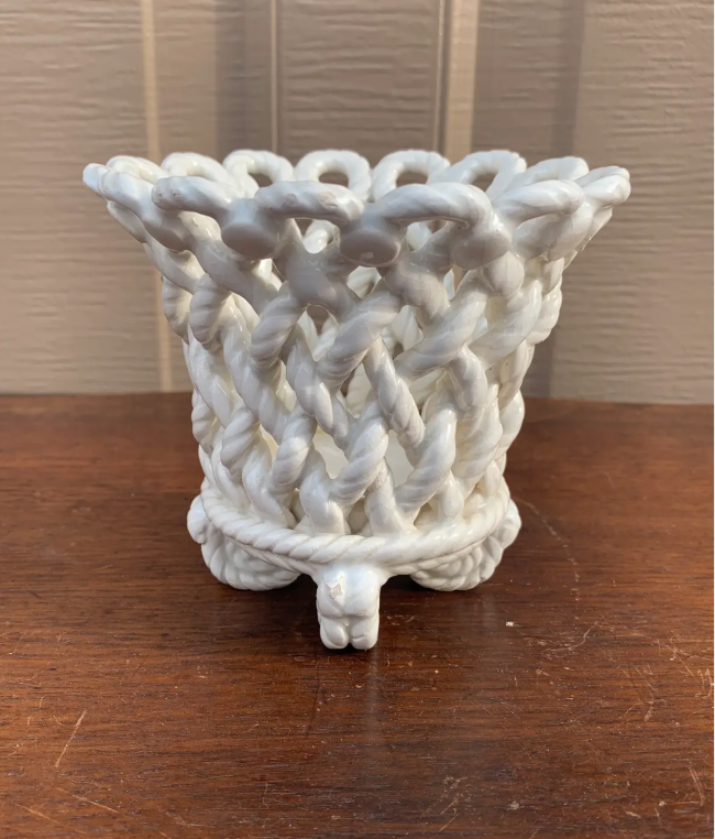 French Country White Ceramic Woven Rope Cachepot Basket