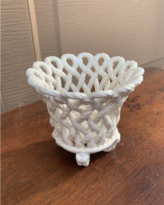 French Country White Ceramic Woven Rope Cachepot Basket