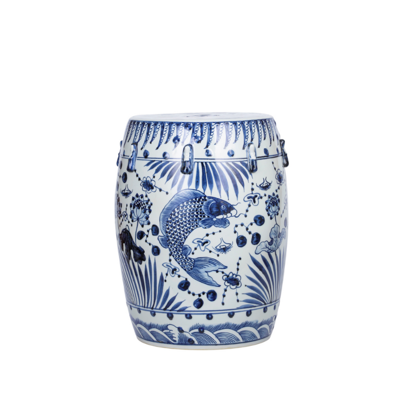Blue & White Fish Motif Garden Stool