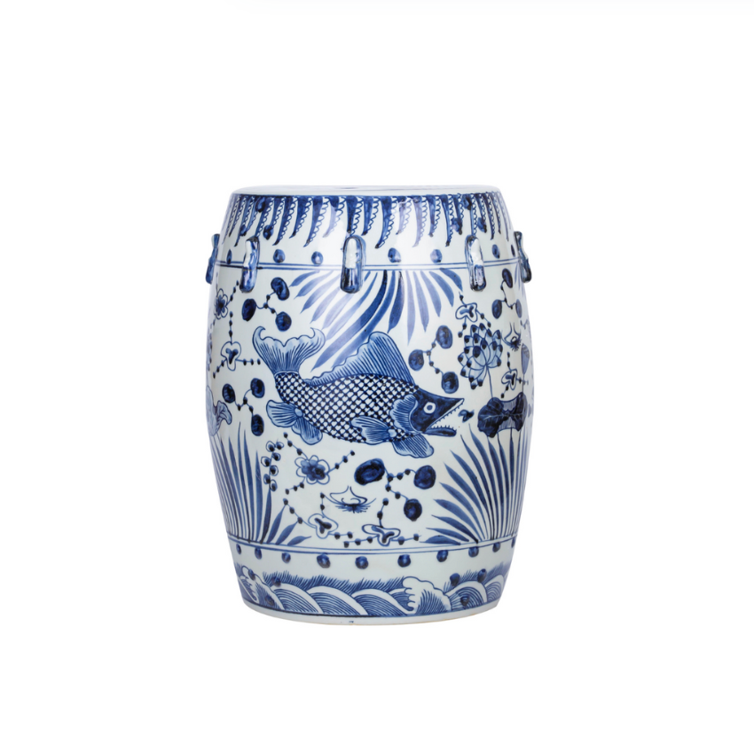 Blue & White Fish Motif Garden Stool