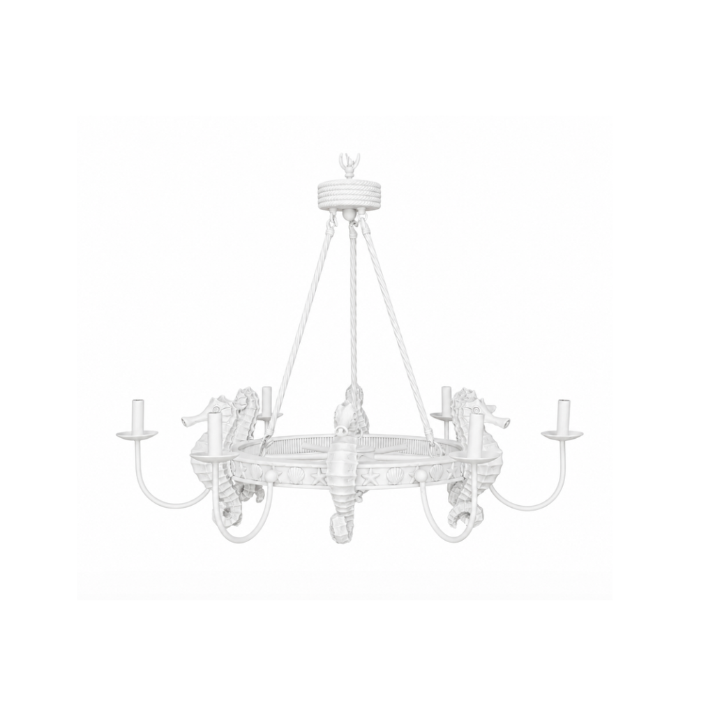 Hollywood Regency Six Light Seahorse & Coral Motif Chandelier, Circa 1970s