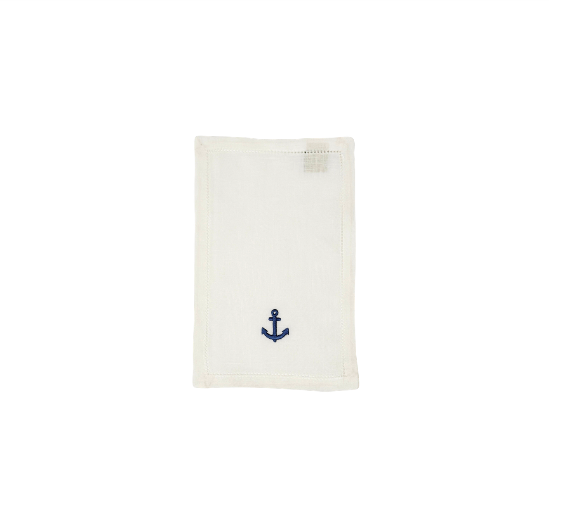Set of 4, White Cocktail Napkin With Blue Anchor Design