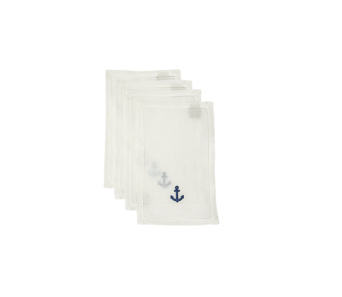 Set of 4, White Cocktail Napkin With Blue Anchor Design