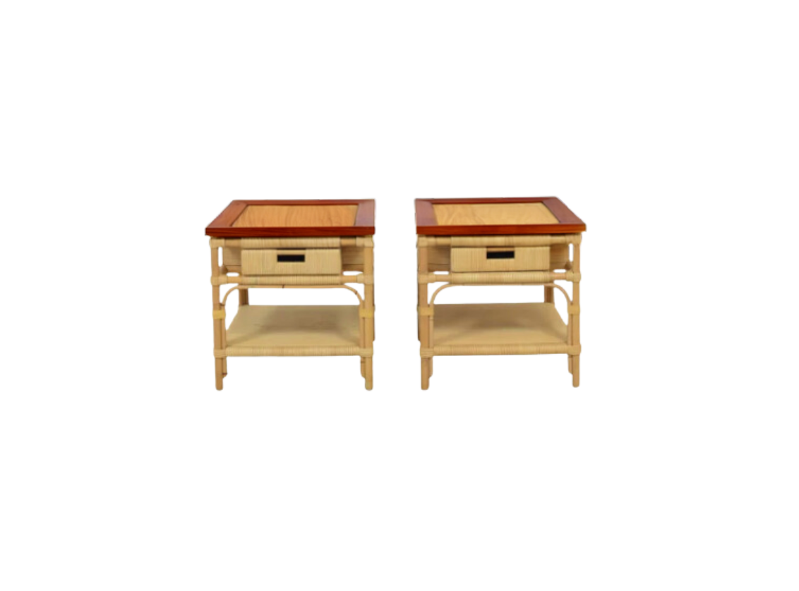 A Pair, Vintage Donghia Bamboo Reed and Teak Side Tables