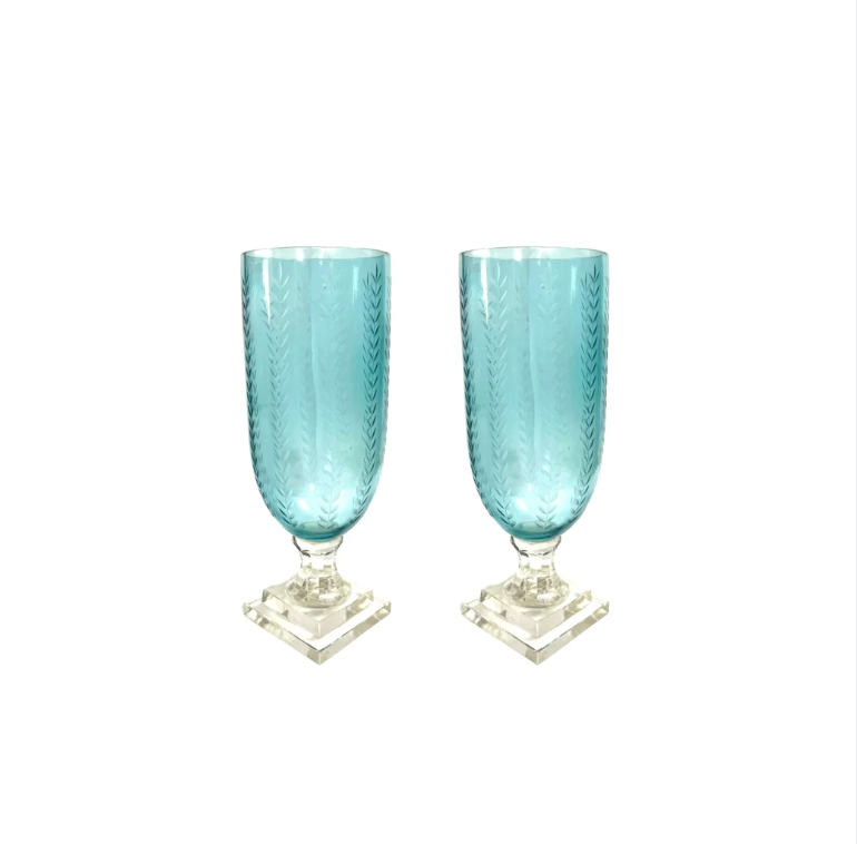 Pair of Aqua Leaf Etched Hurricanes, Large