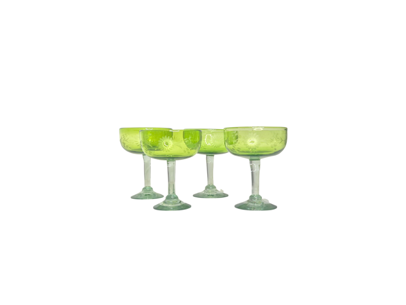 Hand Etched Green Margarita Glasses, Set of 4