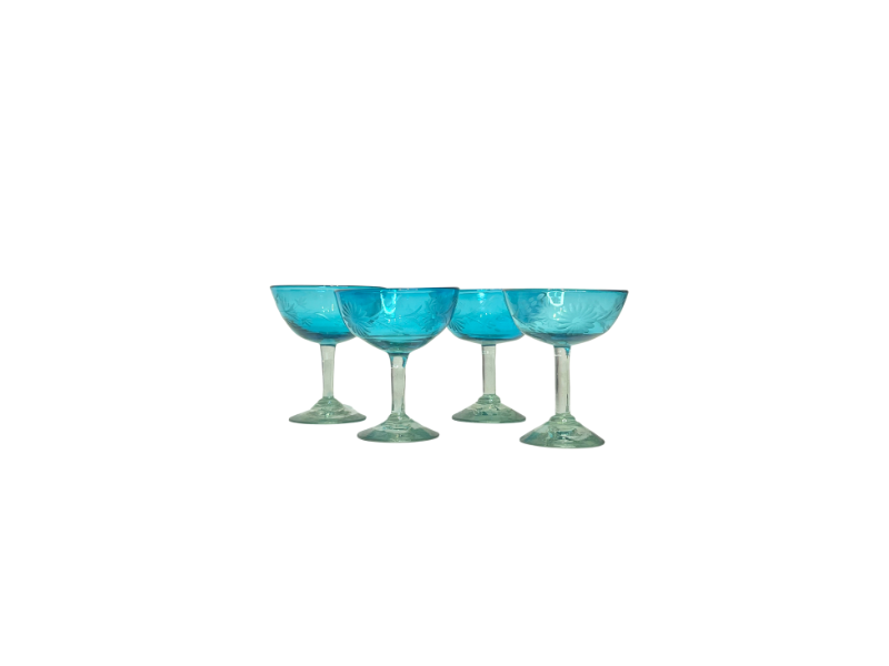 Hand Etched Aqua Margarita Glasses, Set of 4
