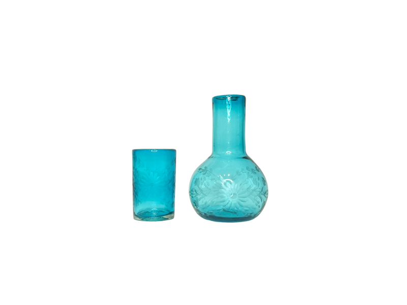 Hand Etched Aqua Water Carafe & Glass Set