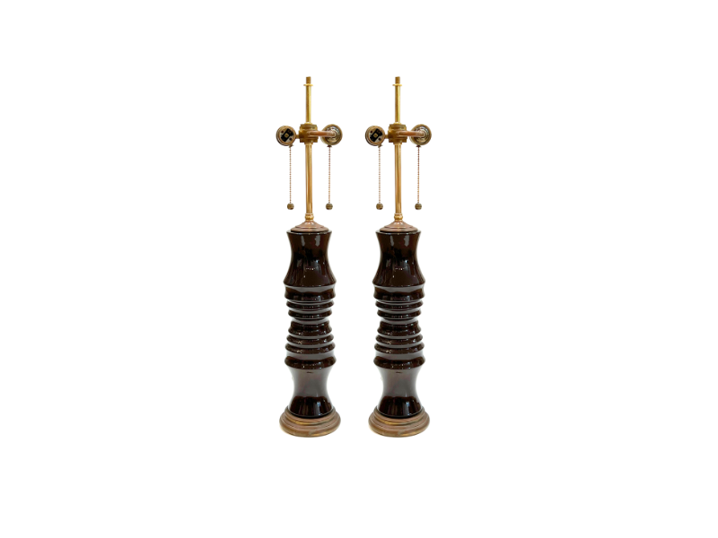 Brown Ceramic and Brass Table Lamps