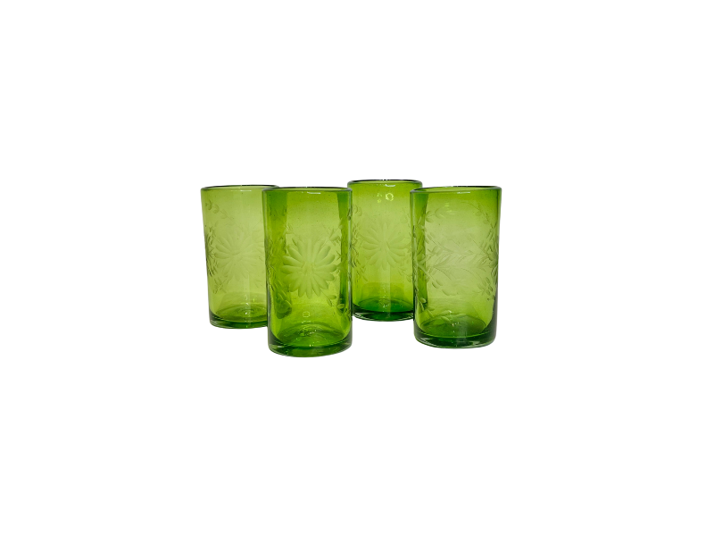 Hand Etched Green Tall Glasses, Set of 4