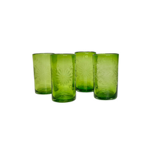 Hand Etched Green Tall Glasses, Set of 4