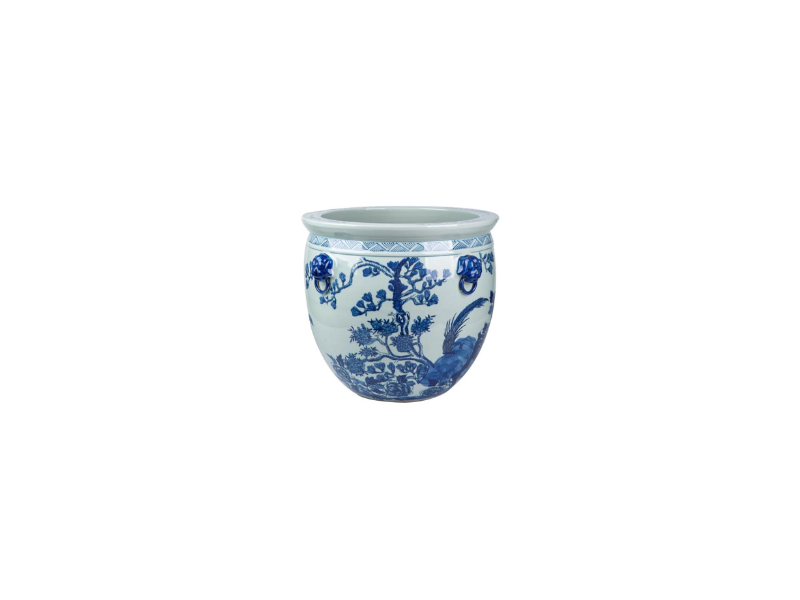 Small Blue And White Porcelain Magnolia Pheasant Planter Lion Handle