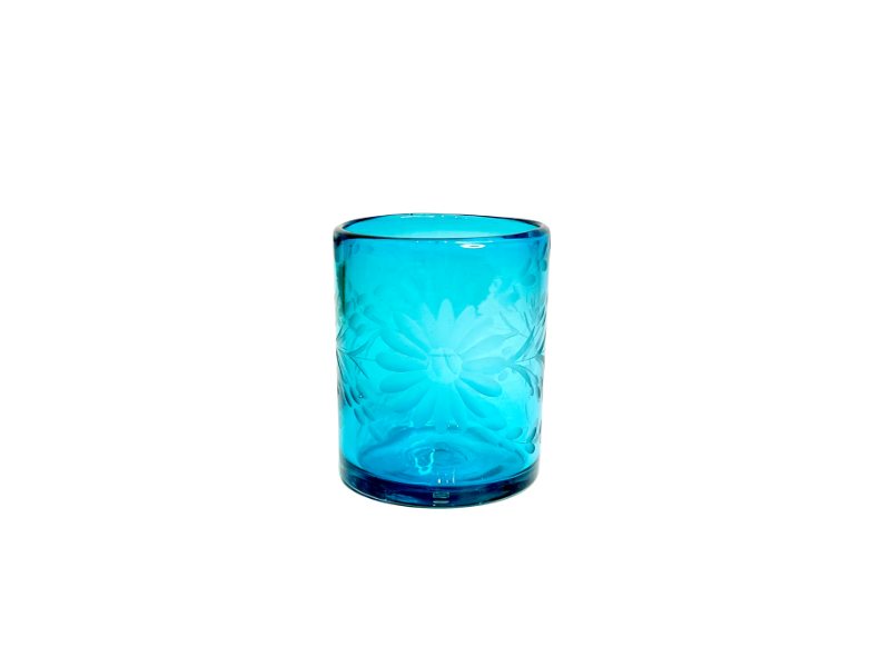 Hand Etched Aqua Old Fashion Glasses, Set of 4