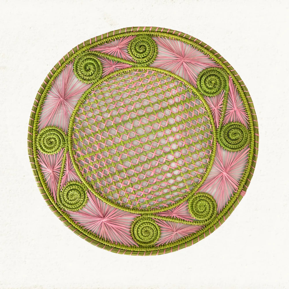 Handwoven Pink/Green Caracol Iraca and Straw Placemat