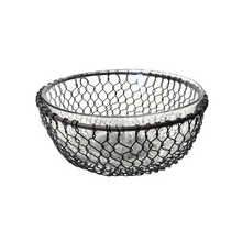 Glass Serving Bowl in a Rustic Metal Weave Basket