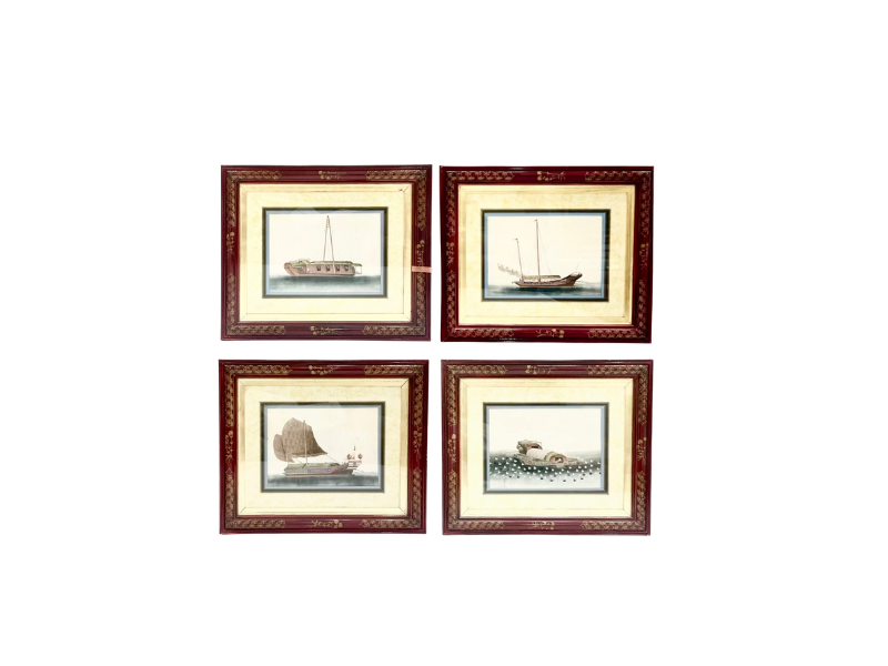 Chinese Pith Paintings In Hand Painted Frames, Set of Four