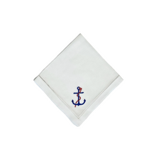 Hand Embroidered Red and Blue Anchor Linen and Cotton Luncheon Napkins, Set of 4