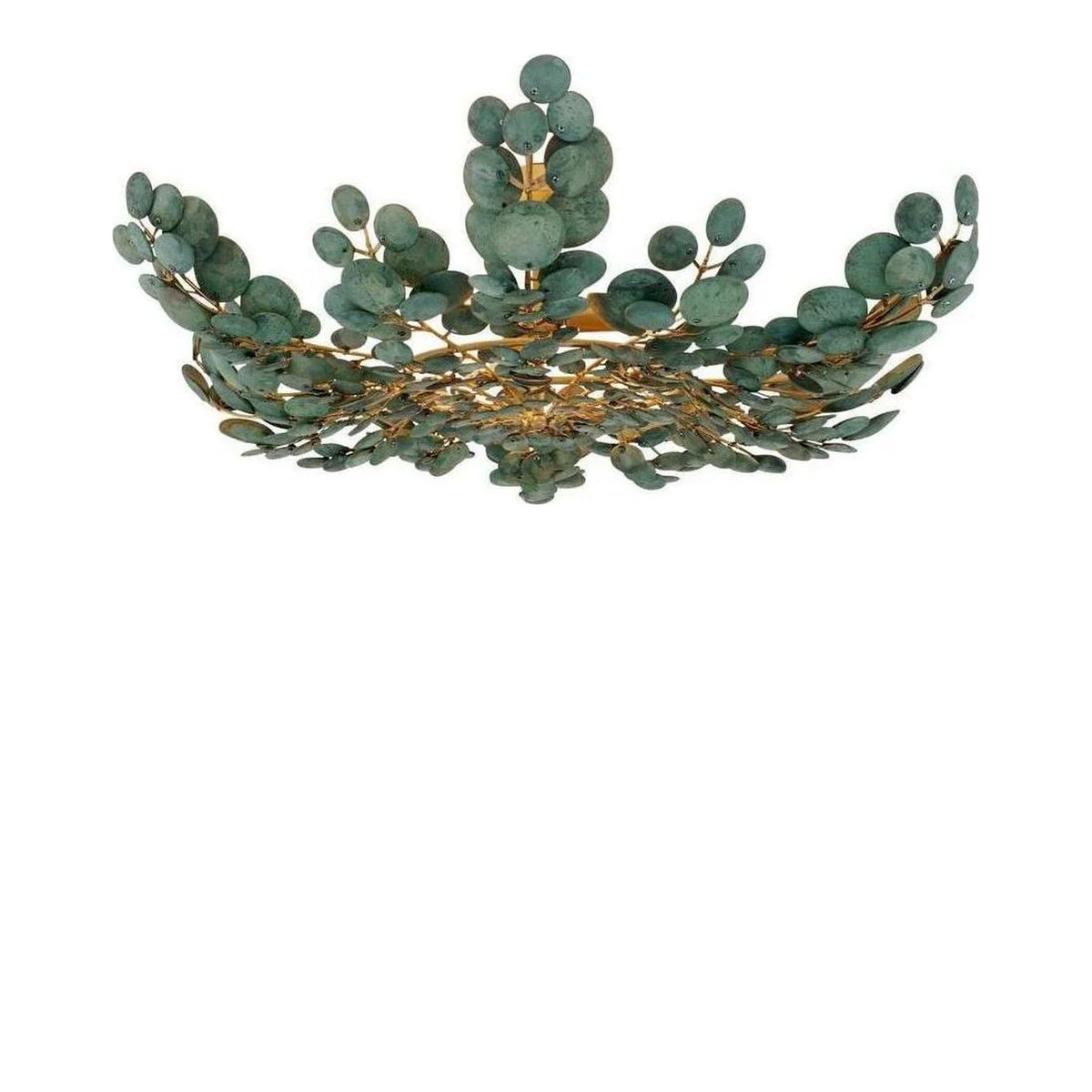 Bilal Eucalyptus Coconut Shell and Antique Brass Flush Mount Ceiling Light, shown on a white background
