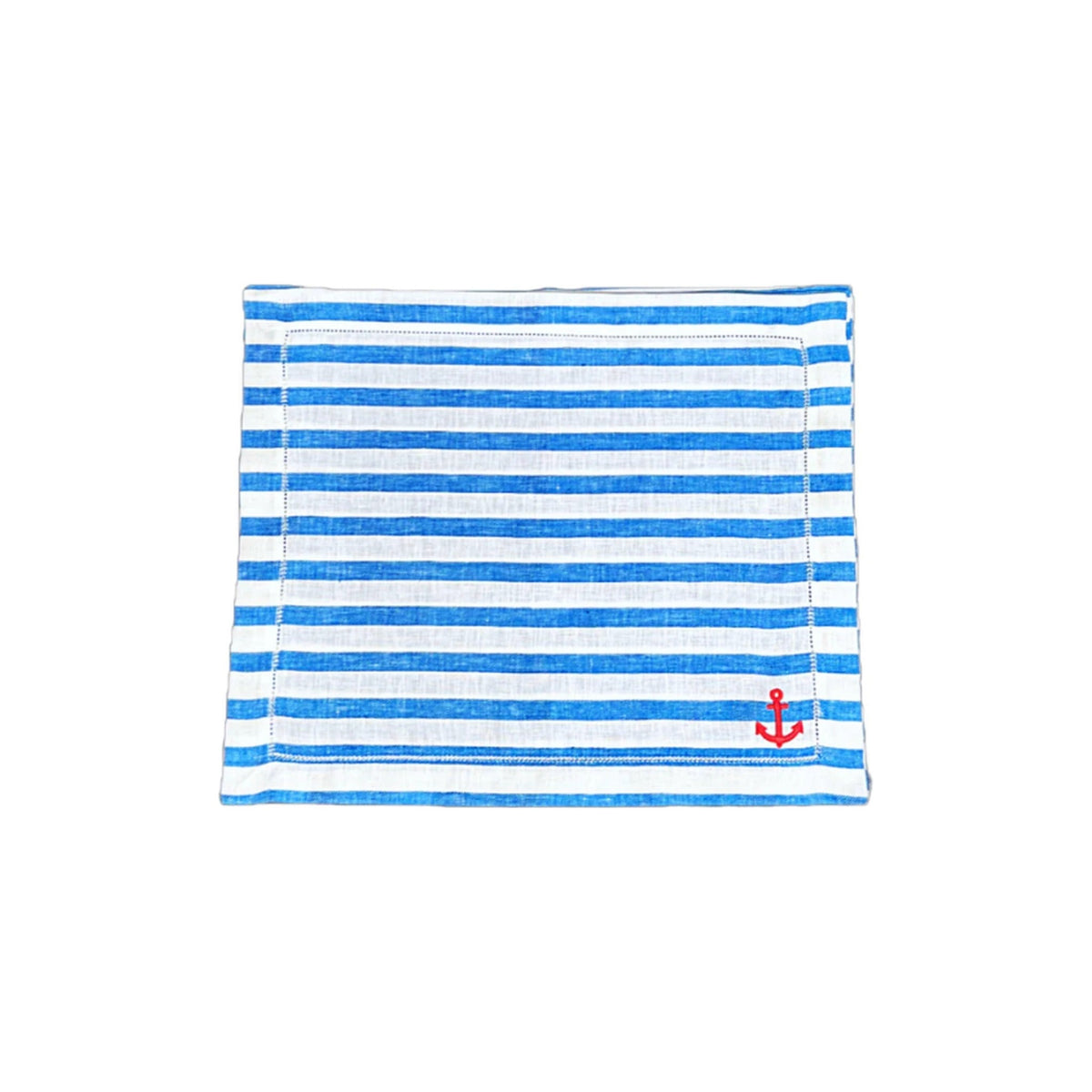 Set of 4 Blue and White Striped Linen Placemats with Coral Embroidered Anchor, shown on a white background