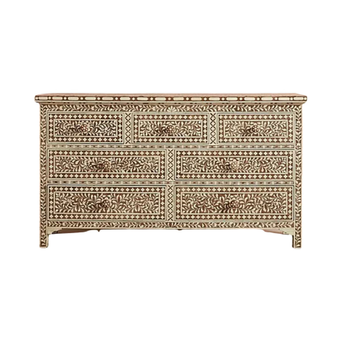 Brown Inlay Floral Design Chest on a white background