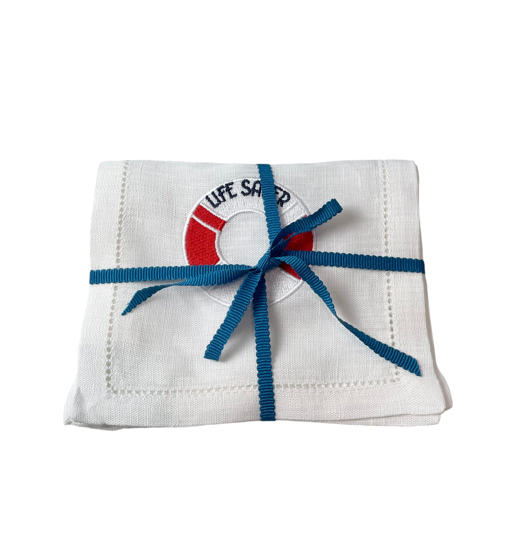 Embroidered Life Saver on White Linen Cocktail Napkins, Set of 4