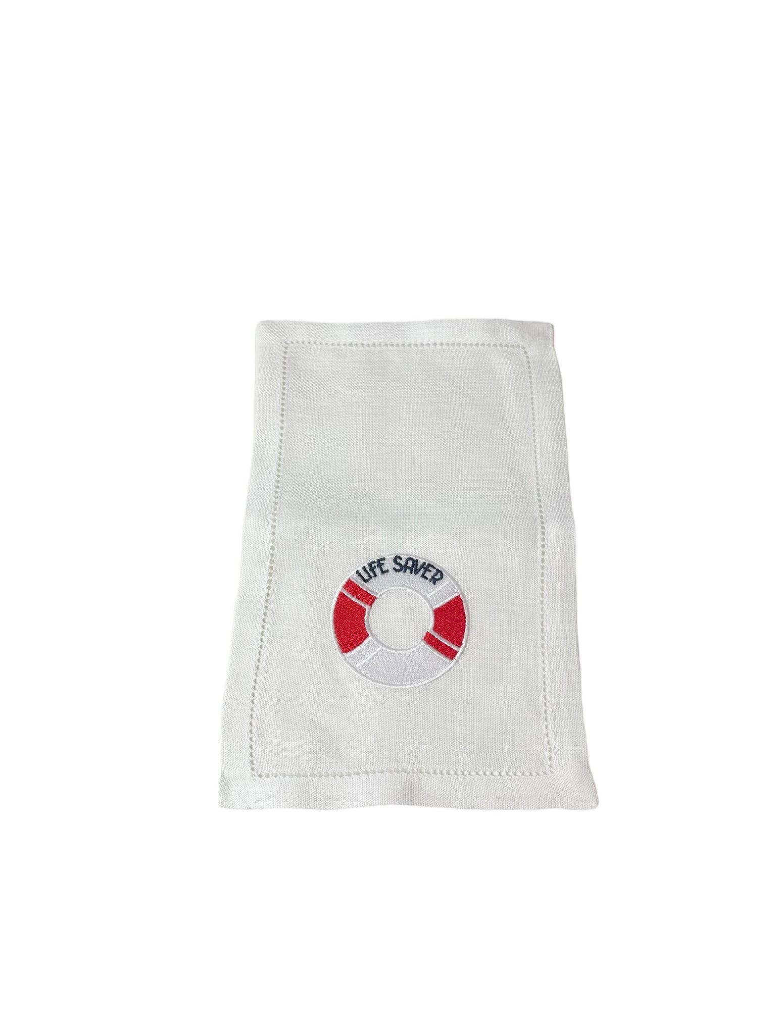 Embroidered Life Saver on White Linen Cocktail Napkins, Set of 4