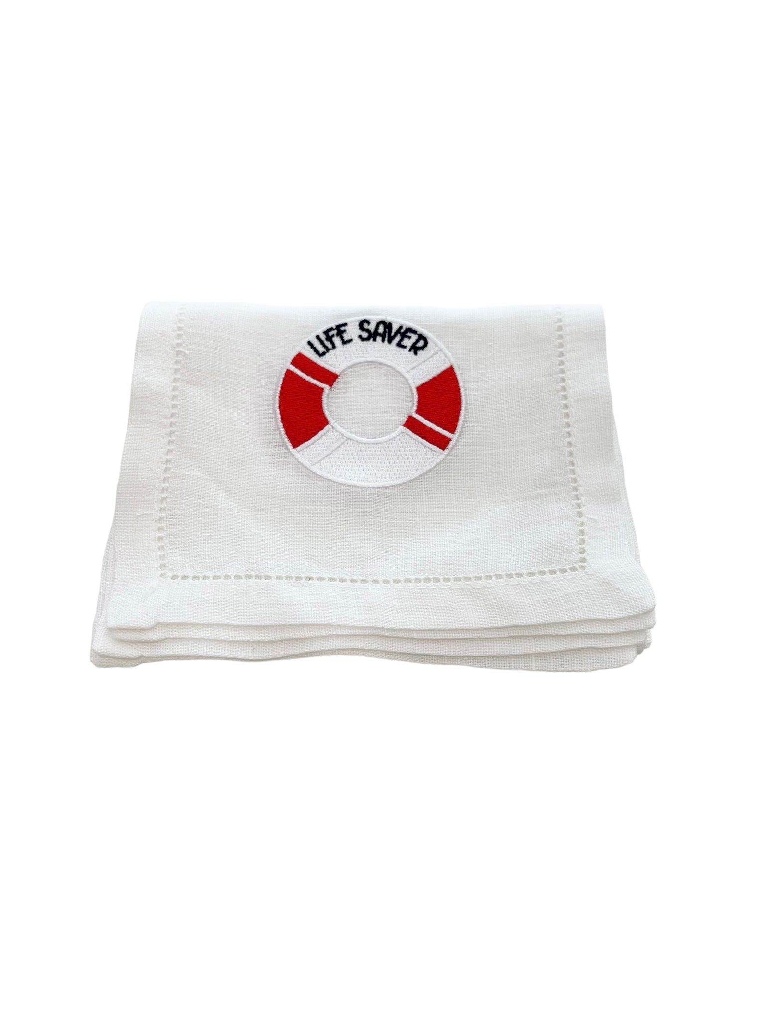 Embroidered Life Saver on White Linen Cocktail Napkins, Set of 4