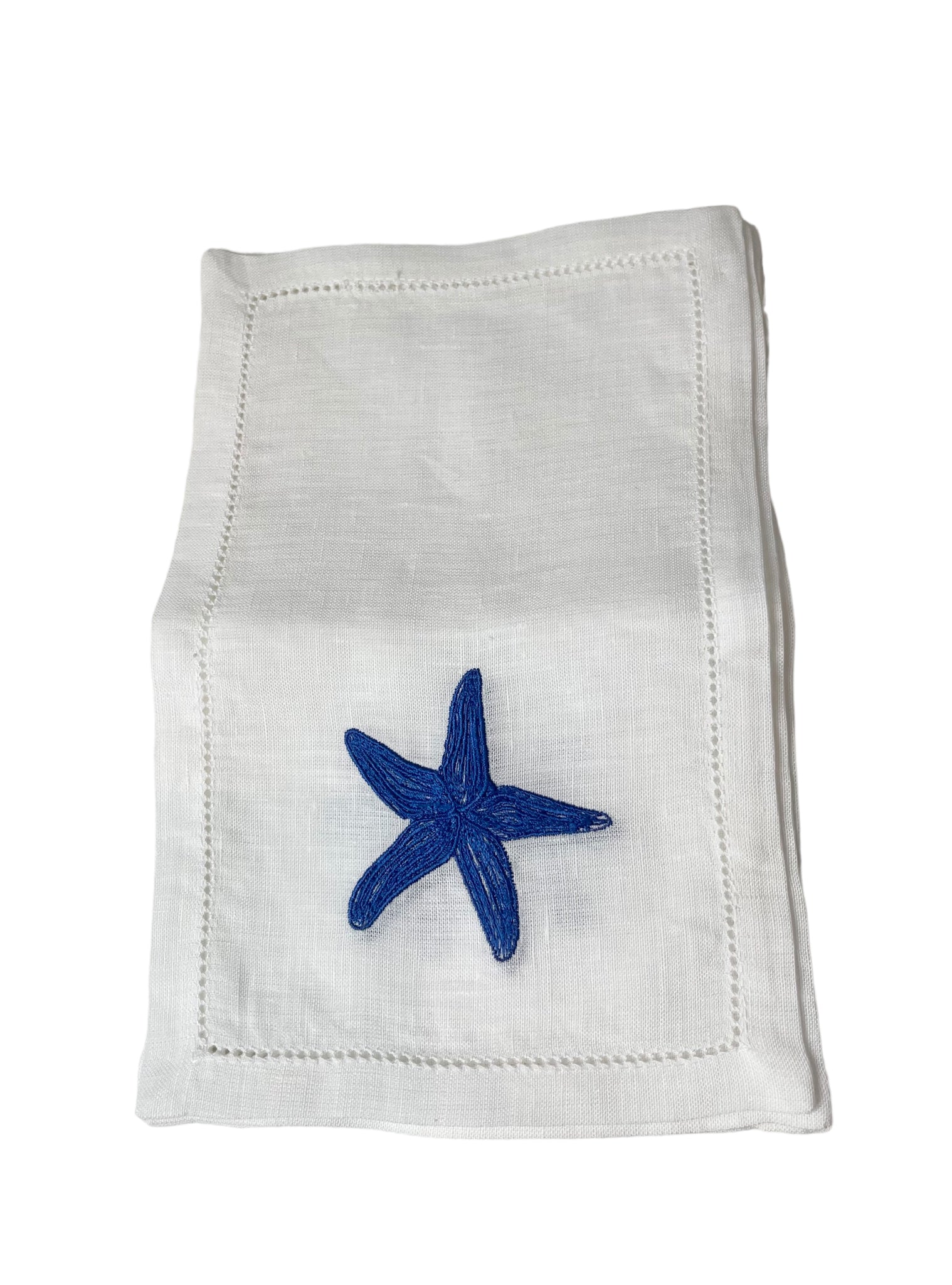 Blue Starfish on White Linen Cocktail Napkins, Set of 4