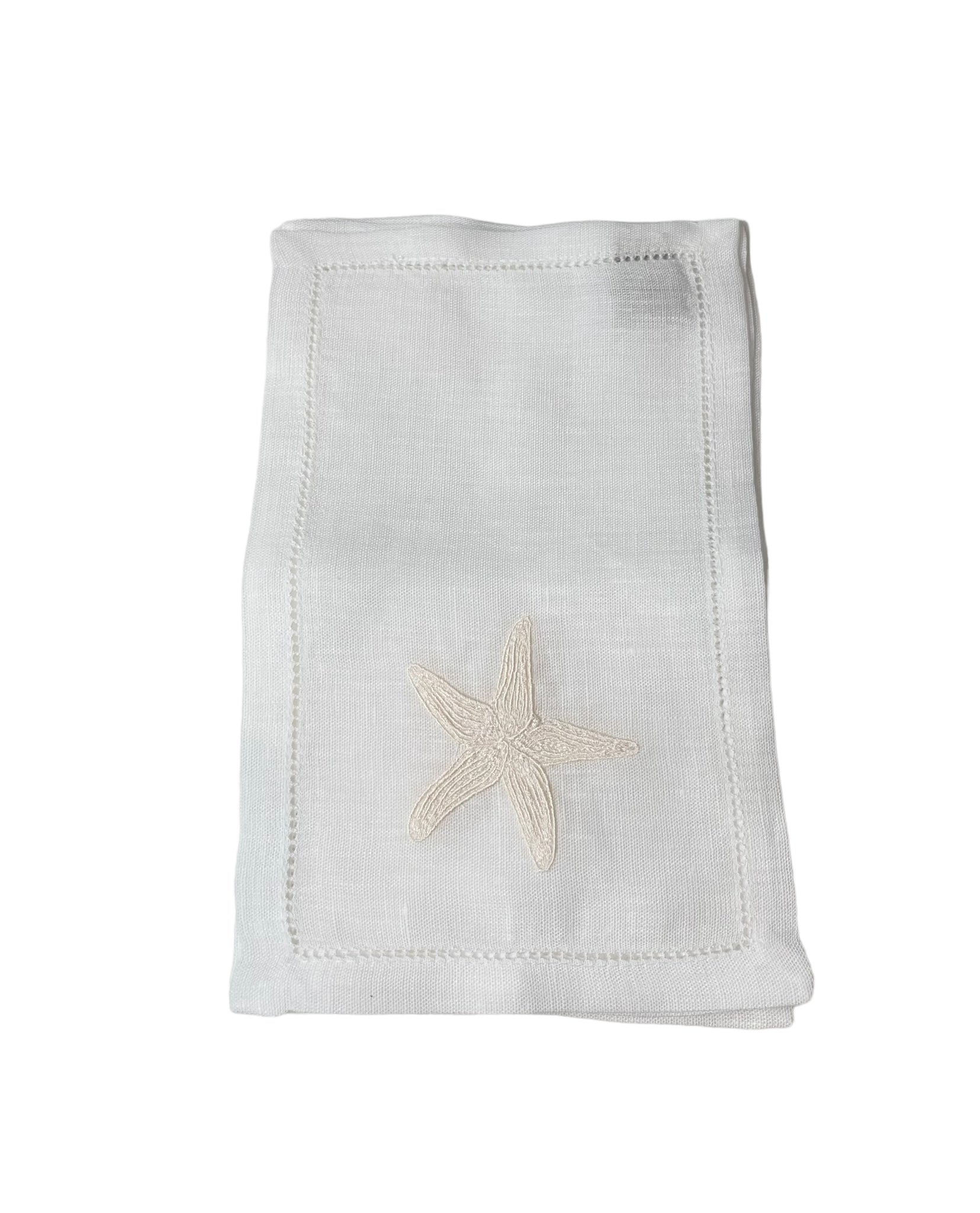 Ivory Starfish on White Linen Cocktail Napkins, Set of 4